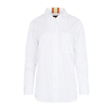 White shirt with pink striped ribbon