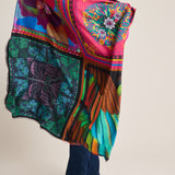 Fancy multicolor patchwork scarf with flowers and feathers
