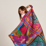 Fancy multicolor patchwork scarf with flowers and feathers