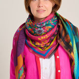Fancy multicolor patchwork scarf with flowers and feathers