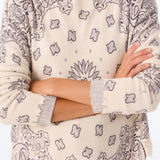 Mela Bandana V-Neck Sweater, White and Gray